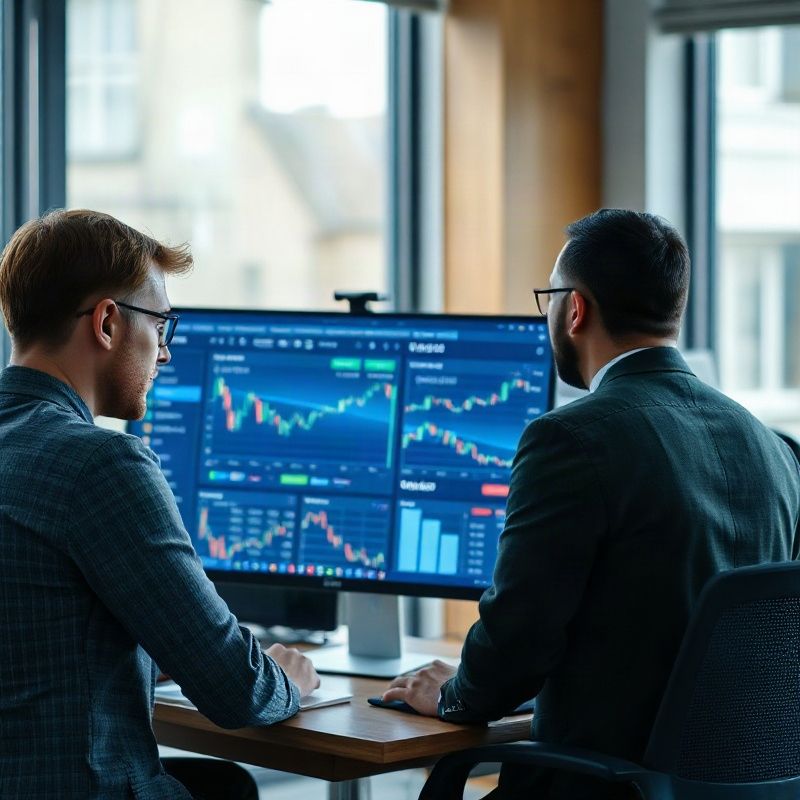 Fokussiertes Team vor einem Trading-Dashboard mit azurblauem UI